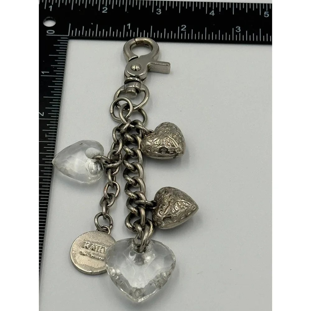 Kathy Van‎ Zeeland Silver Tone Heart Bag Charm Keychain Clear Faceted Hearts Y2K